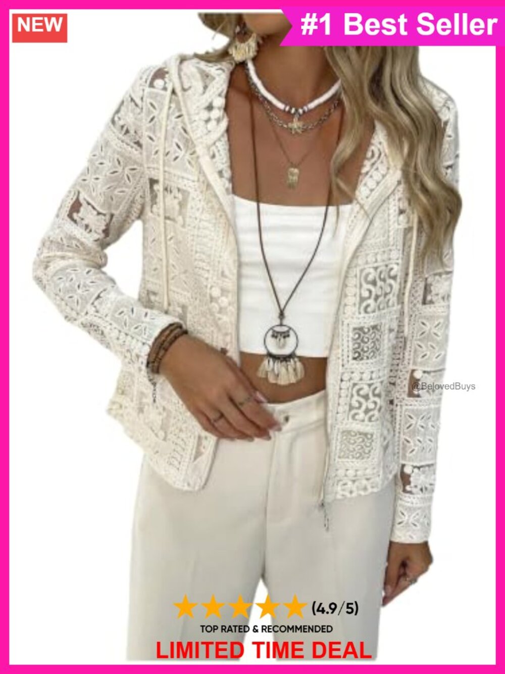 Lace Zip Up Hoodie Cardigan Lightweight Sheer Crochet Jacket